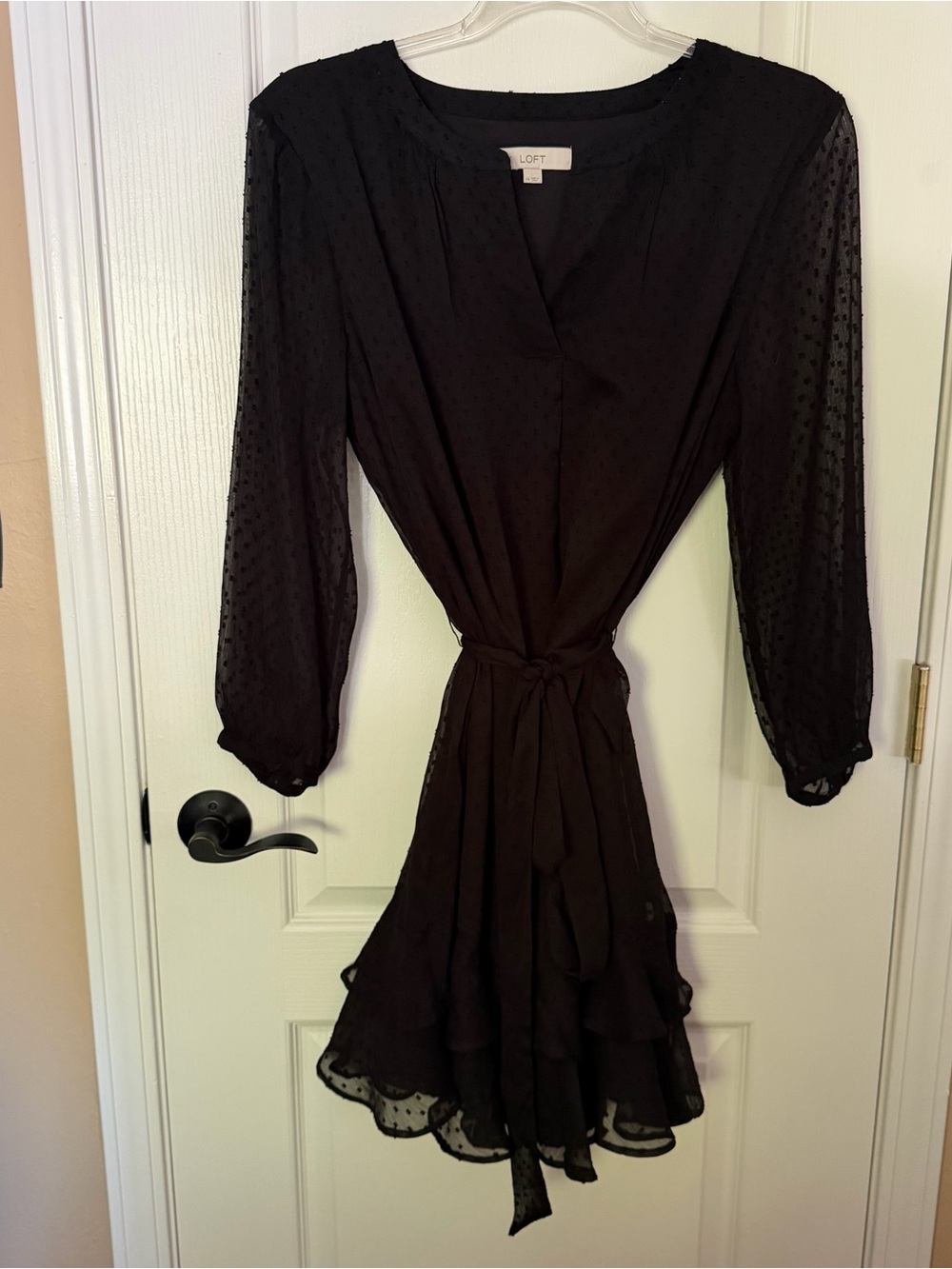 LOFT Black Long-Sleeve Tie-Waist Dress size 14